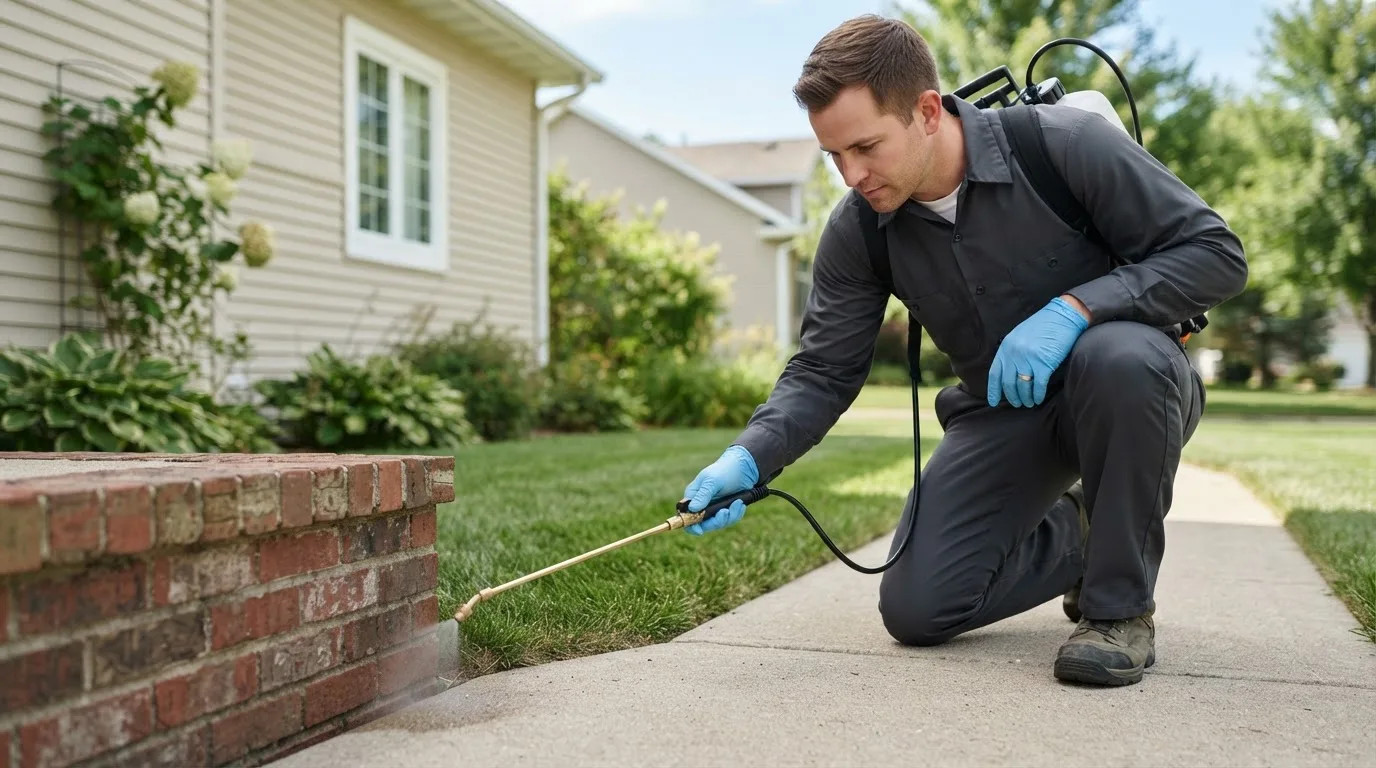 Pest control technician treating a home near Onekama, MI