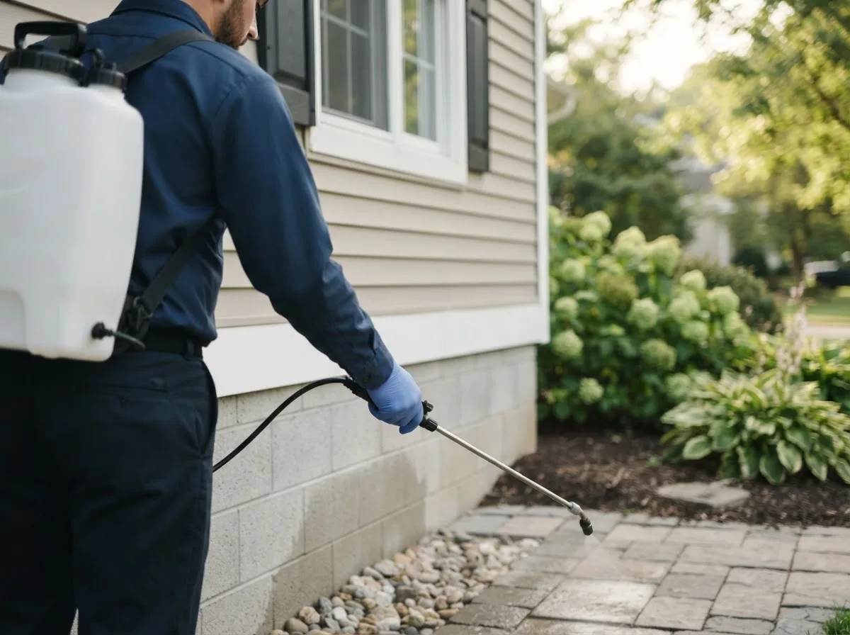 Pest control technician inspecting a home in Onekama, MI